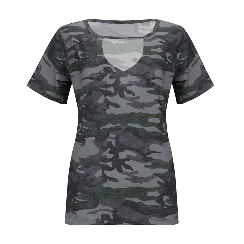 Women Camouflage Army T-shirt Hollow Out Choker V-Neck Summer Ladies Casual Loose Short Sleeve T-Shirts New