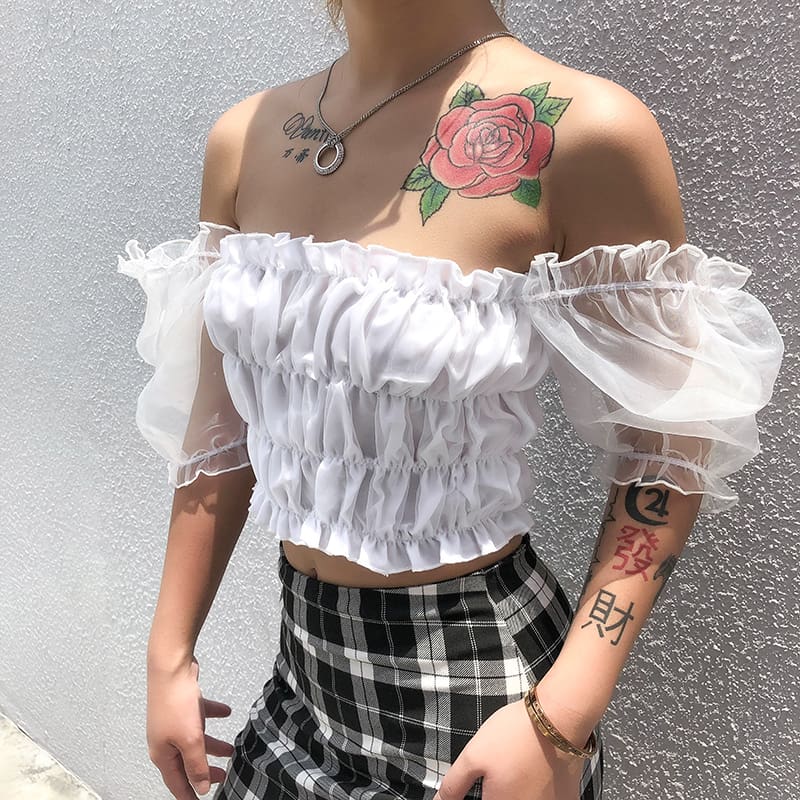 New Women Ruffle Puff Sleeve Shirt Fashion Ladies Summer Casual Blouse Crop Cami Tops Shirt Beach Holiday Clothes