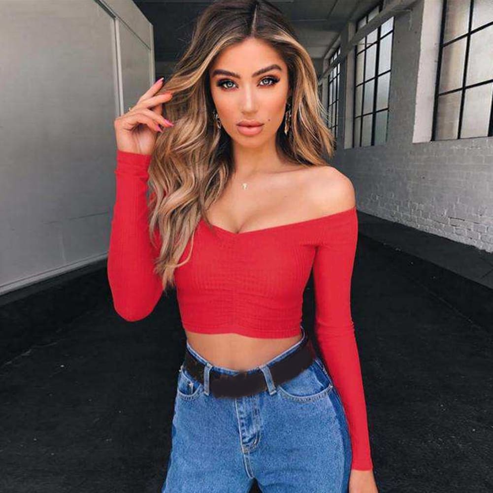 New Women Summer Casual Off Shoulder Tops Vest Shirt Long Sleeve Solid Crop Top Shirt Pullover Slim Tee Streetwear