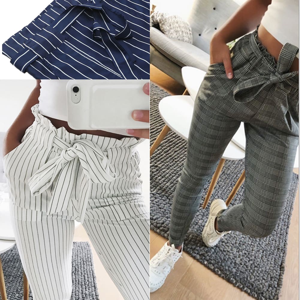 2019 New Elastic High Waist Striped Harem Pants Women Stringy Casual Slim Fit Long Pants Skinny Female Trousers Hot Sale