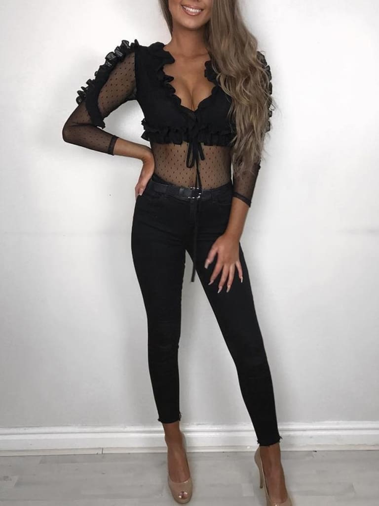 Women Ladies See Through Lace Mesh Sheer Long Sleeve V-Neck Crop Top Casual Summer Solid Shirt Blouse Tee