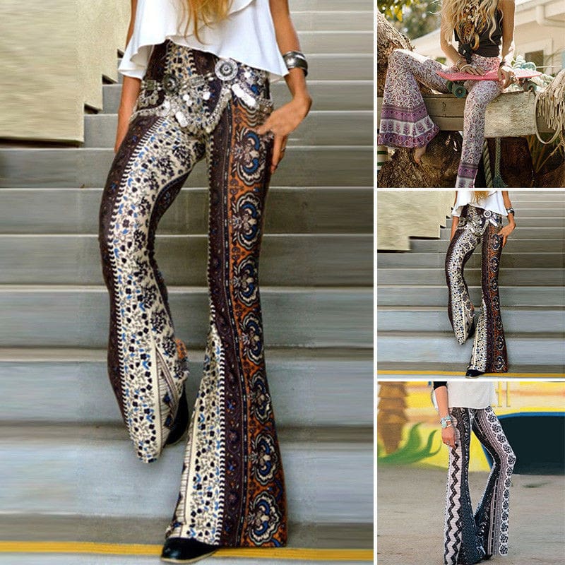 Women Boho Hippie High Waist Loose Wide Leg Flared Bell Bottom Fashion Ladies Floral Long Pant Summer Trouser