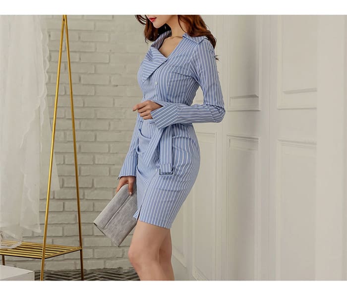 Lady Elegant Striped Short Dress Long Sleeve Pencil Dress