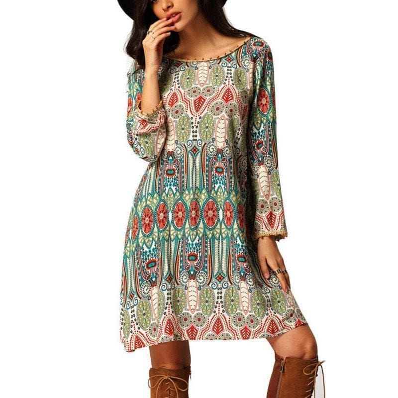 Fashion Women Floral Boho Chiffon Sundress Ladies Casual Long Sleeve Summer Beach Holiday Loose Short Mini Dress