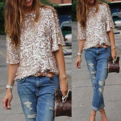 Summer Women Tops Sequins Shirt Casual Party Slim Short Sleeve Summer Beach Tee Casual Tops T-Shirts Gold