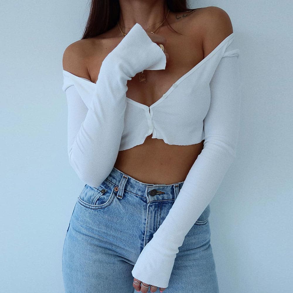 Summer Solid Casual Tops Vest Blouse Long Sleeve Button Crop Shirt