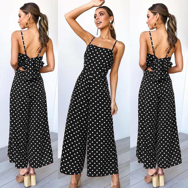 Elegant Sexy Jumpsuits Women Sleeveless Polka Dots Loose Trousers Wide Leg Pants Rompers