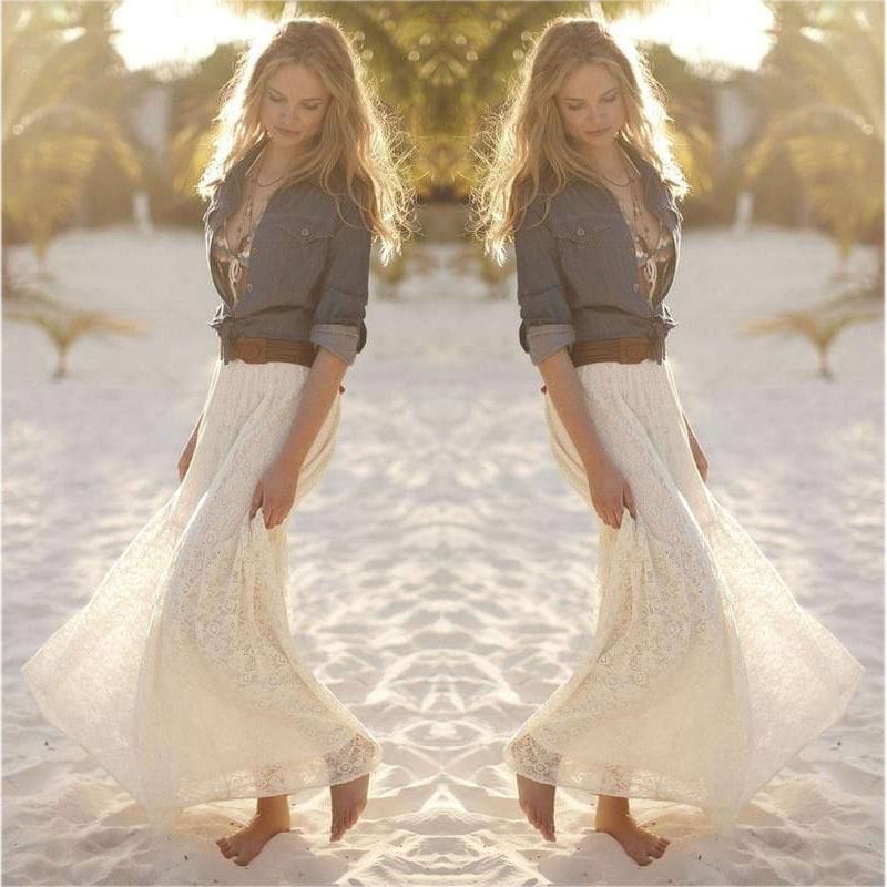 New Fashion Women High Waist Beach Skirt Stretchy Double Lace Layer Chiffon Maxi Casual Long Skirt Summer Beach Sundress