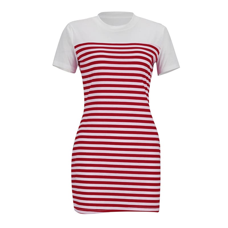 Women Crew Neck Striped Short Sleeve Slim Fit T-shirt Dress Summer Ladies Casual Bodycon Mini Dresses Sundress