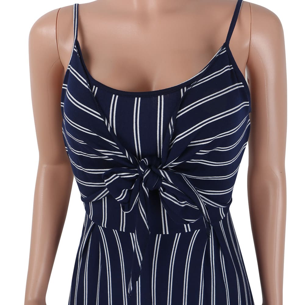 Summer Hot Bodycon Backless Stripe Jumpsuits Women Party Clubwear Jumpsuits Casual Bowtie Overalls Long Pant Trousers