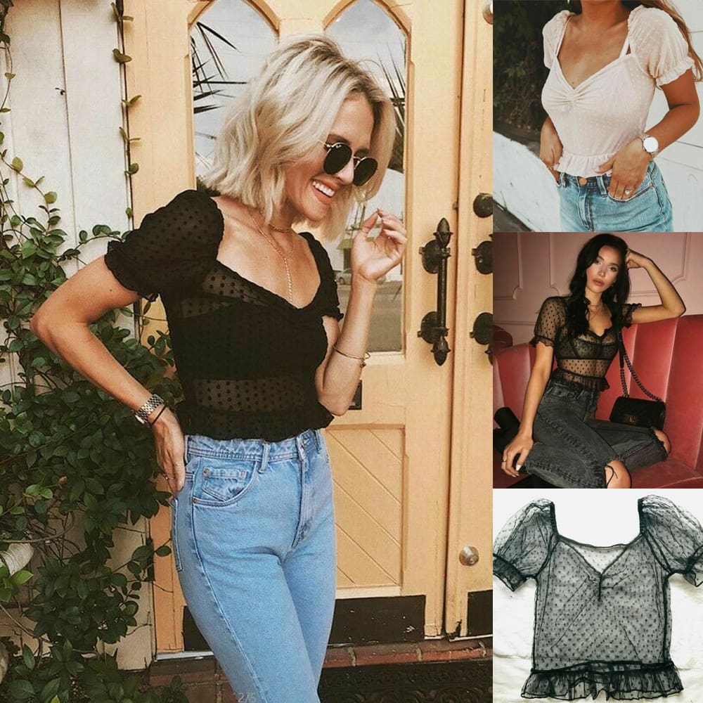 Women See Through Blouse Summer Sexy Mesh Loose Short Sleeve Polka Dots V-Neck Beach Casual Short Shirt