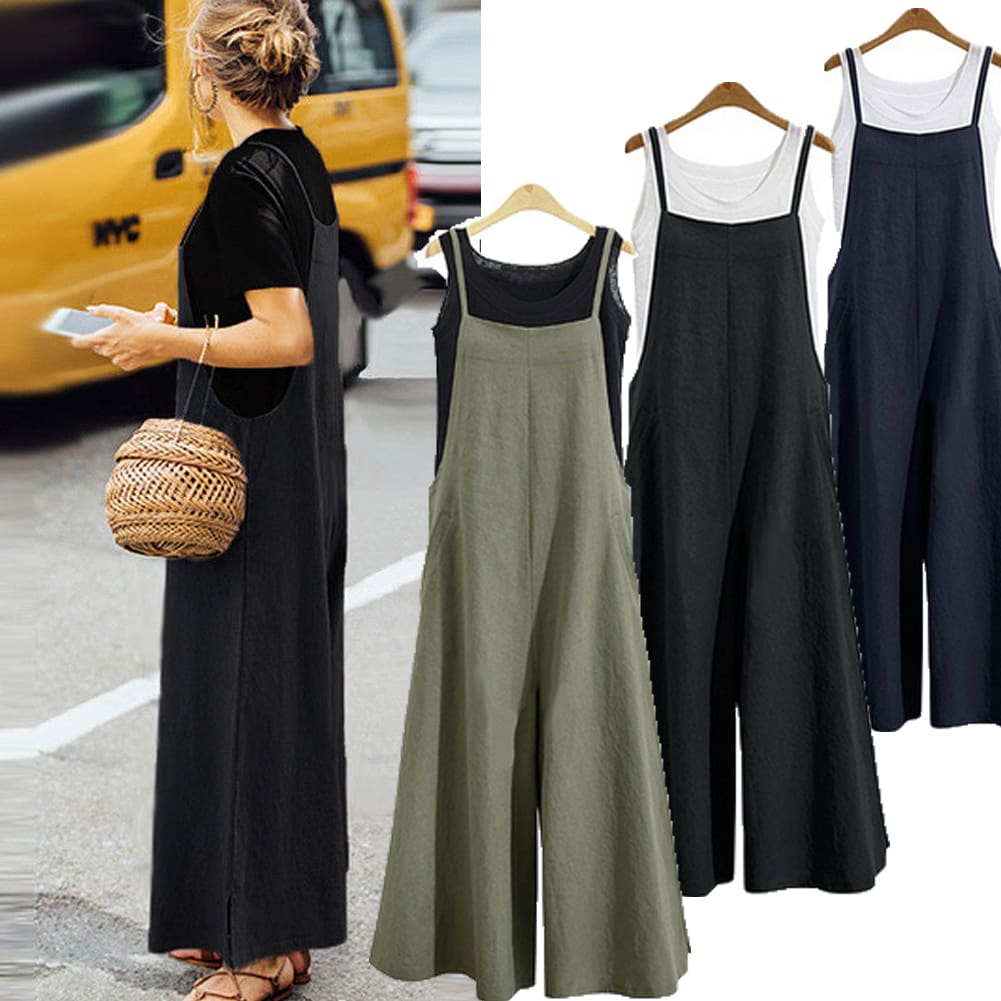 Hot Summer Women Strappy Solid Comfy Wide Leg Jumpsuits Women Casual Loose Dungarees Bib Overalls Cotton Linen Rompers Plus Size