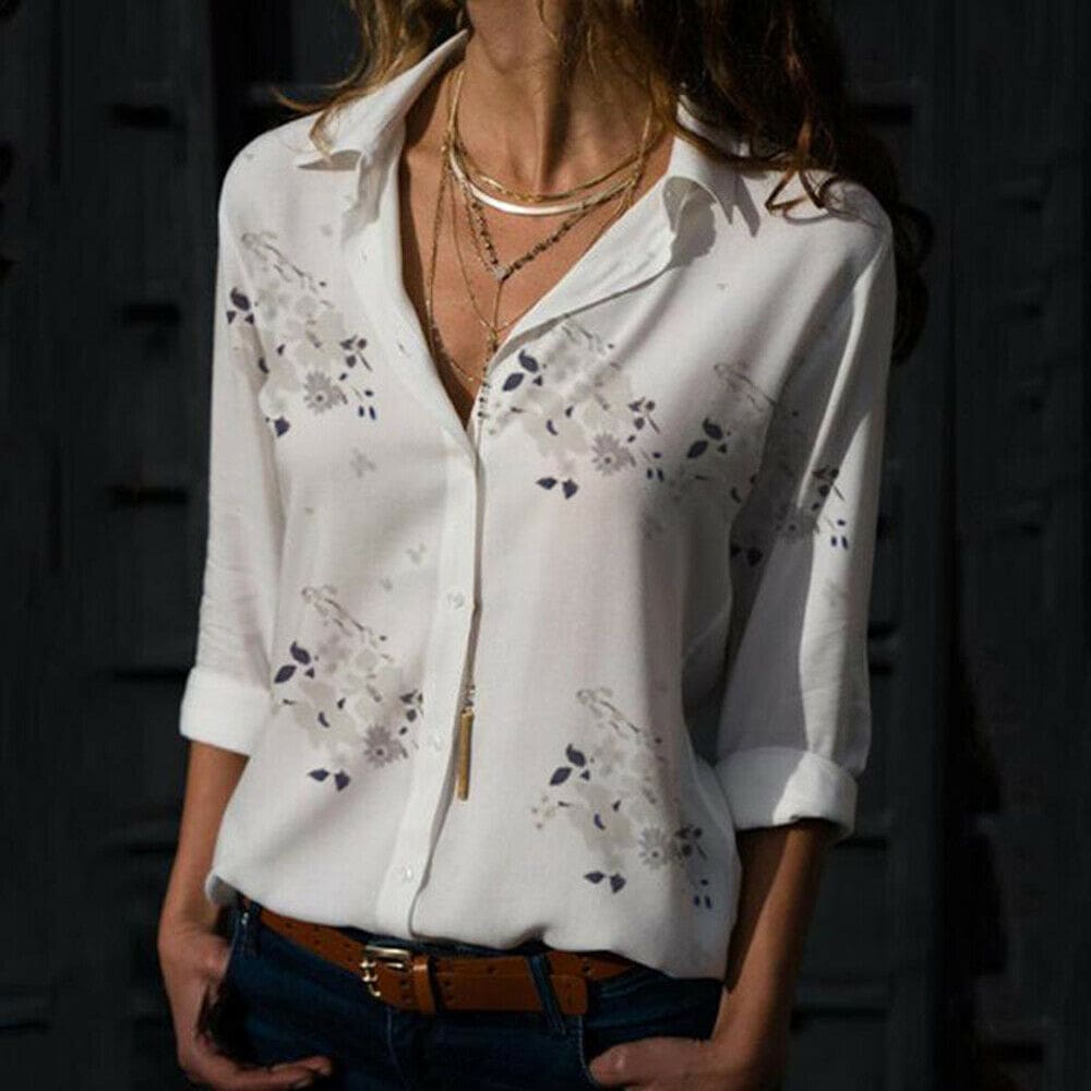 Plus Size Womens Summer Floral Long Sleeve Button V-Neck Shirts Ladies Casual Loose Office Work Blouse Tops