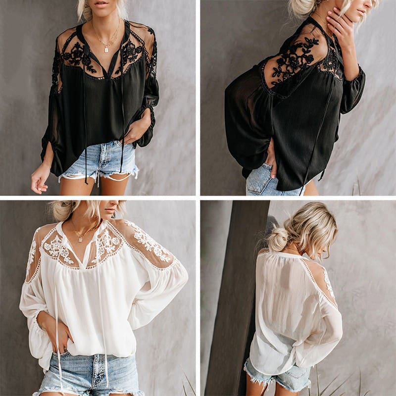 2019 Fashion Women Summer Lace Casual Tops Sexy Ladies Hollow Long Sleeve Blouse Shirt Costume Holiday Summer Clothes