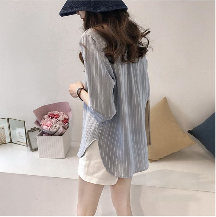 Fashion Women Summer Stripe Long Sleeve Shirt OL Ladies Loose Button Casual Blouse Tops Plus Size Women Clothes