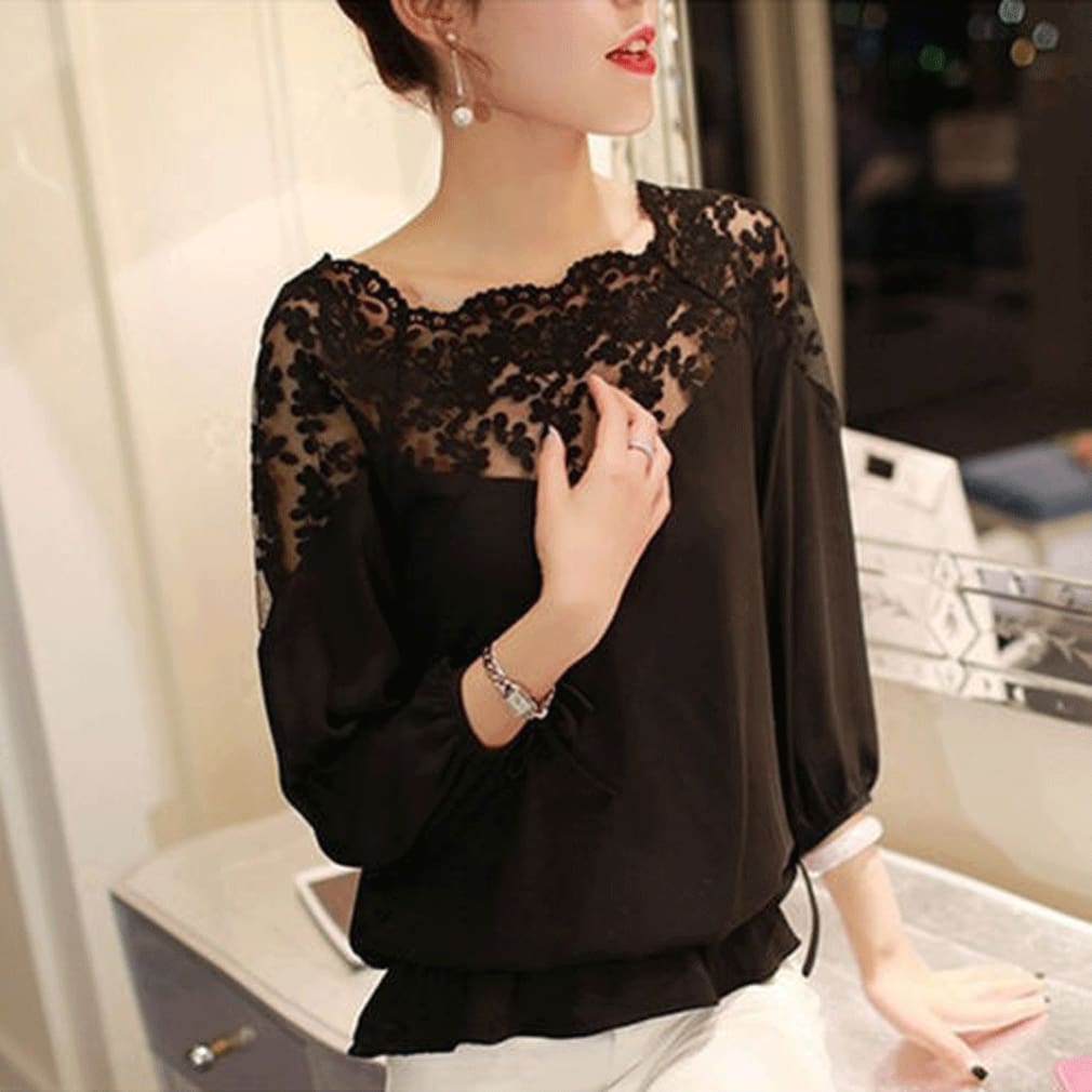 Womens Chiffon Lace Blouse Ladies Casual Summer 3/4 Sleeve Loose Tops Solid Blouse Elegant Lady Office Tops