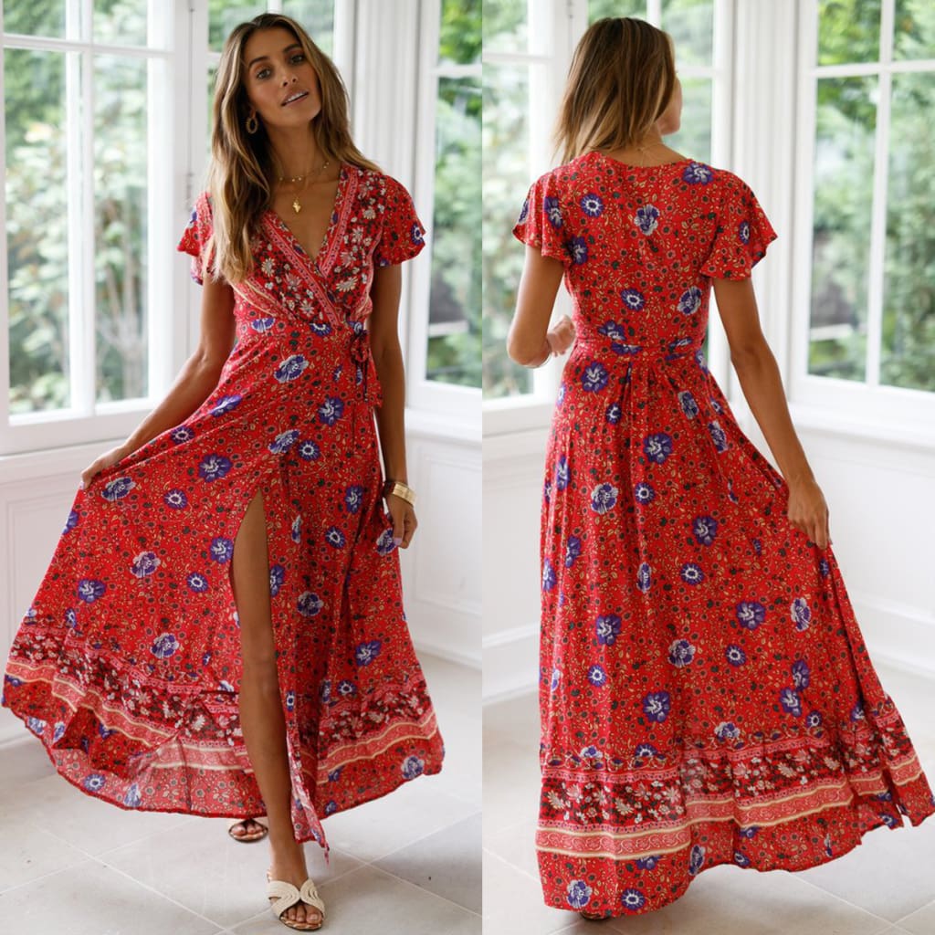 Women High Waist Summer Boho Floral Print Short Sleeve Beach Dress New Fashion Ladies V-Neck Long Dress Sundress