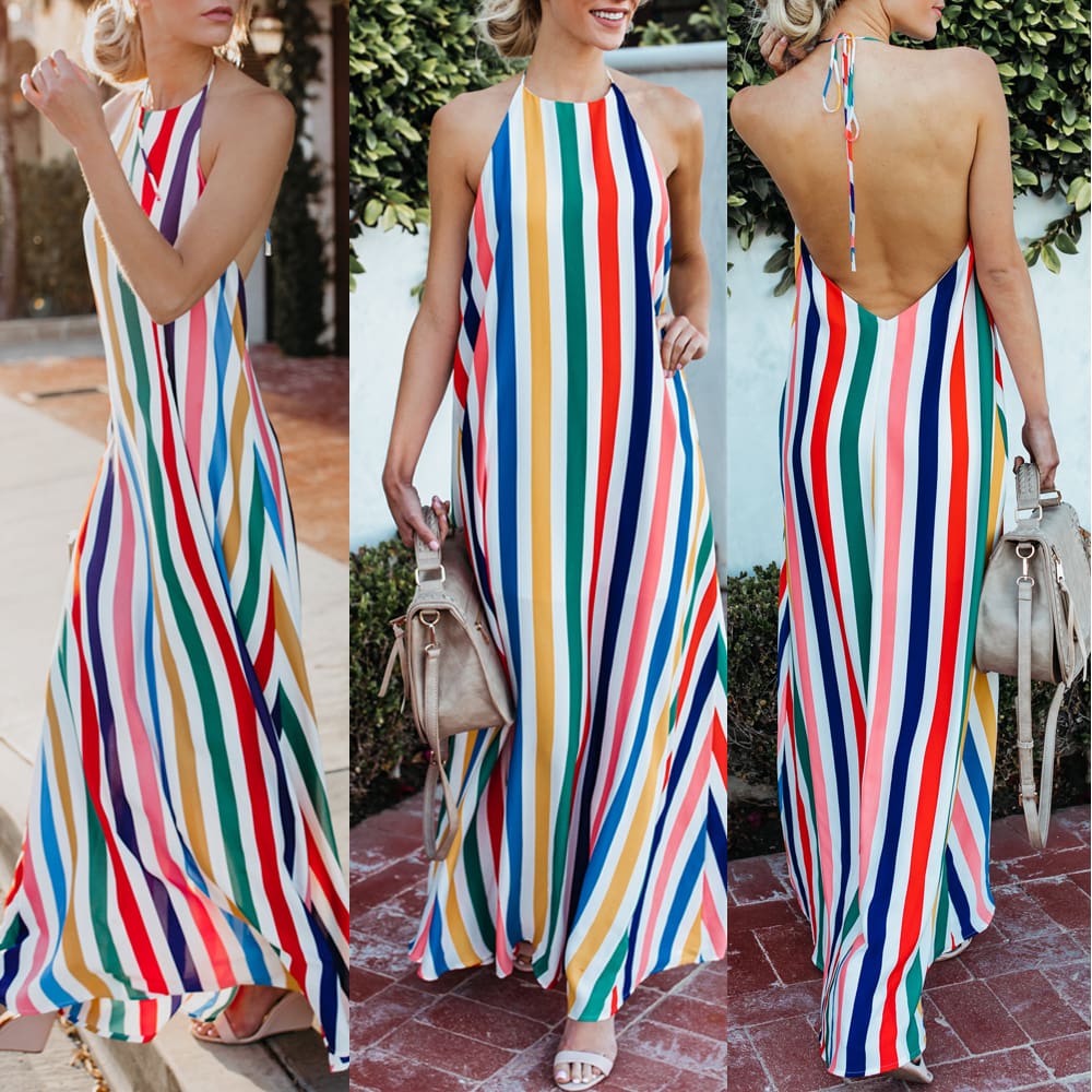 HOT Women Sling Backless Dress Summer Sexy Ladies Sleeveless Beach Stripe Evening Party Long Maxi Sundress