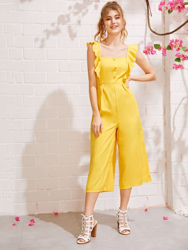 Ladies Baggy Solid Ruffle Women Summer Square Neck Overall Fashion New Loose Causal Wide Leg Pants Jumpsuit