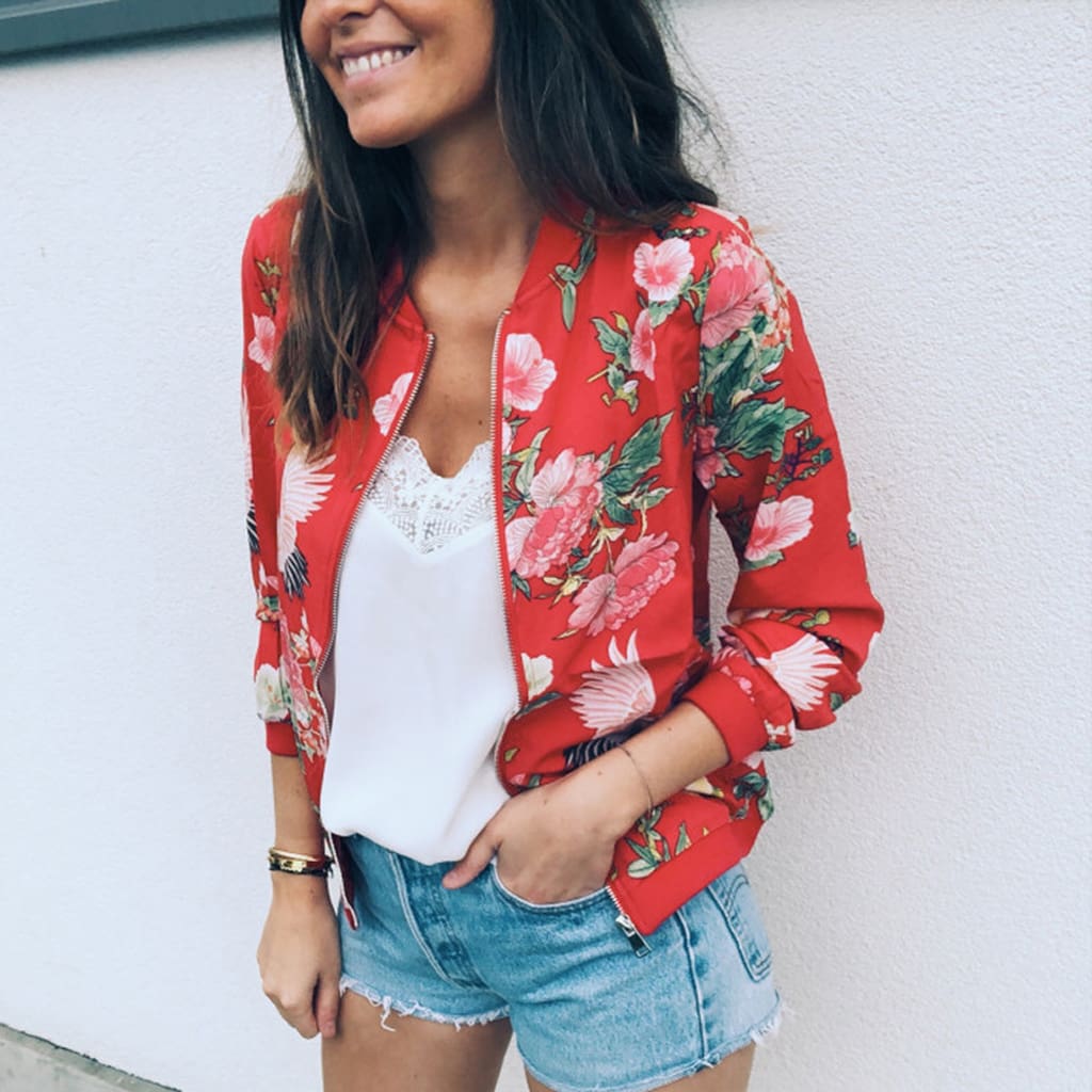 Women Jacket Lady Bomber Floral Print Street Outwears Polyester