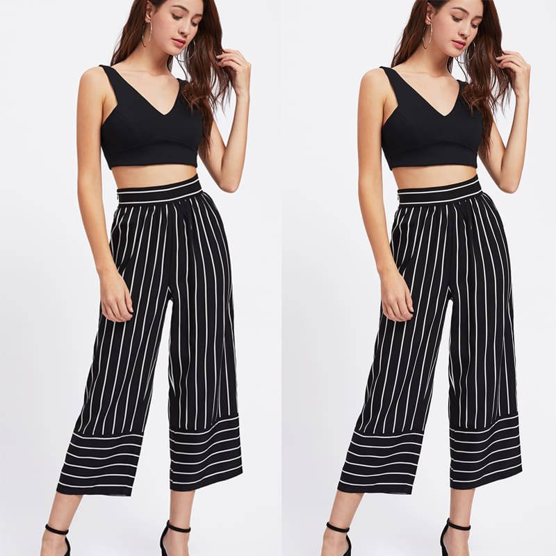 New Summer Women Casual High Waist Bandage Pants Fashion Ladies Striped Wide Leg Loose Long Pants Trousers