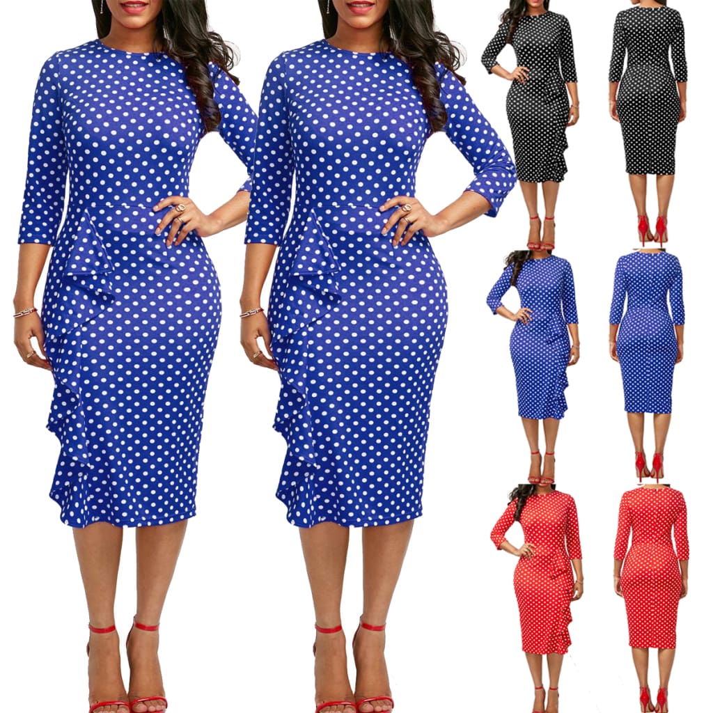 Elegant Women Ladies Sexy Long Sleeve Polka Dots Ruffle Bodycon Slim O-Neck Casual Party Long Pencil Dress