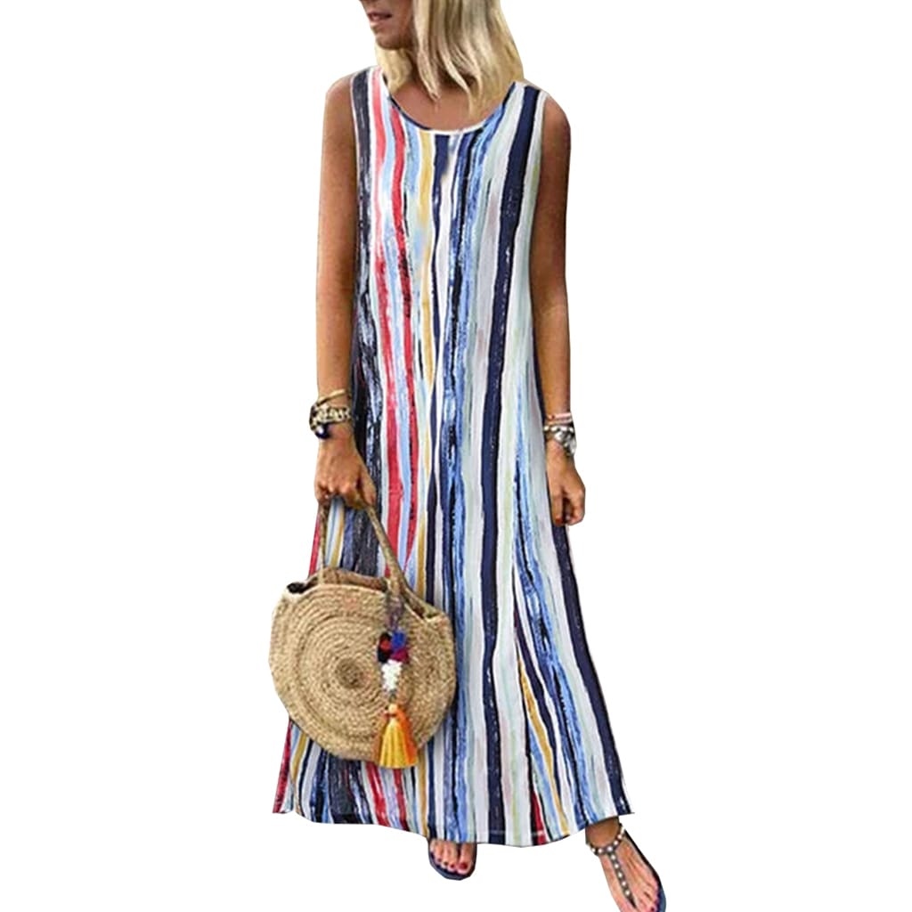 Womens Sleeveless V-neck Striped Hem Baggy Kaftan Ladies Casual Loose Maxi Long Dress Sundress