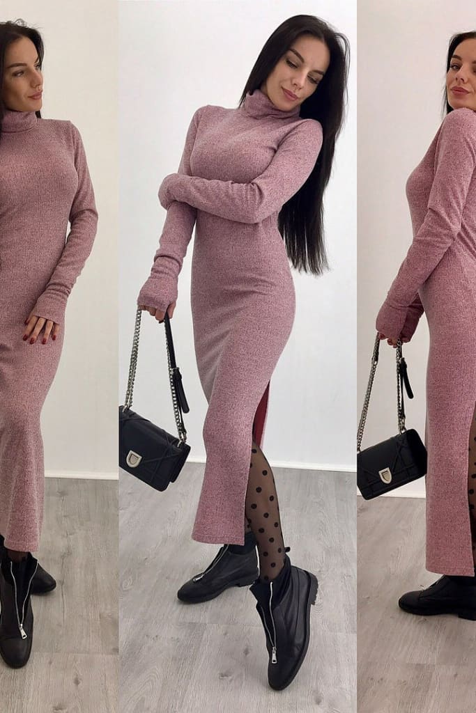 Knitted Bodycon Maxi Dress V Neck Long Sleeve Women Long Thin Dress