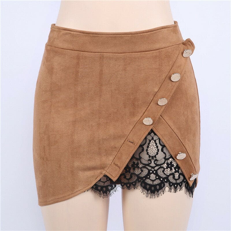 Women Ladies High Waist Pencil Skirts Button Lace Patchwork Sexy Bodycon Suede Leather Split Party Casual Mini Skirt