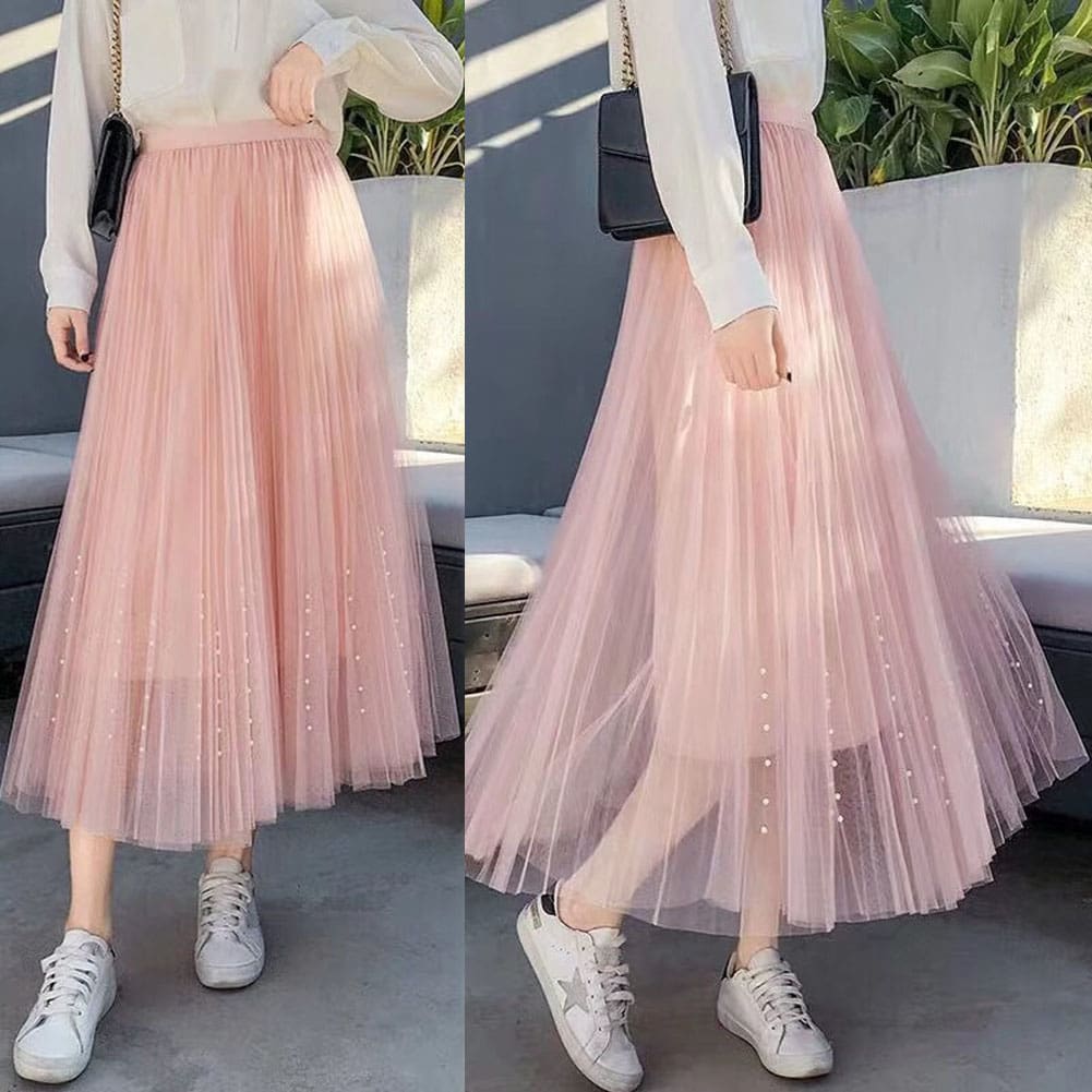 Women Lady A-line Tutu Elastic Waist Mesh Long Maxi Skirts Party Three Layer Chiffon Pleated Retro Lace Skirt