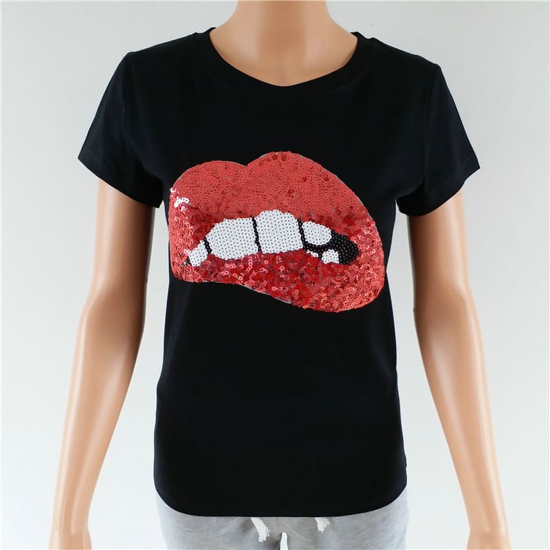 Hot Summer Fashion Red Lips Print Slim T-Shirts Women Girl Casual Short Sleeve T-Shirt Women Clothing