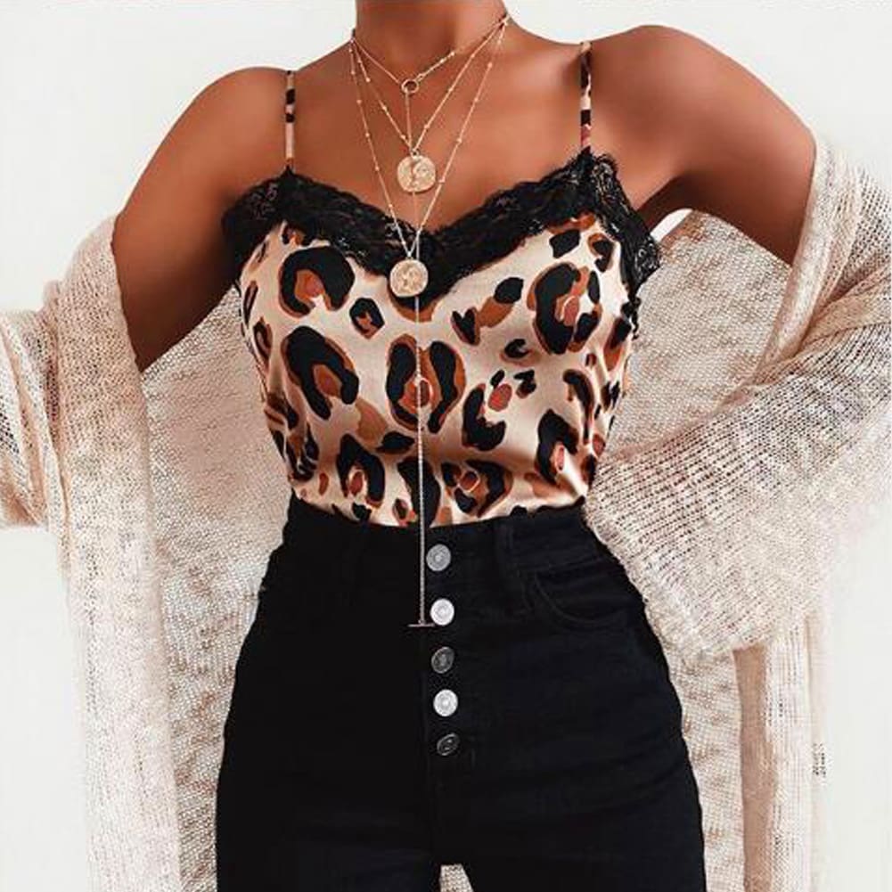 Women Casual V Neck Leopard Print Lace Camisole Ladies Summer Holiday Tank Vest Blouse Cami Crop Tops New