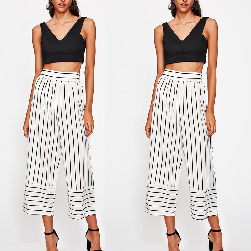 New Summer Women Casual High Waist Bandage Pants Fashion Ladies Striped Wide Leg Loose Long Pants Trousers