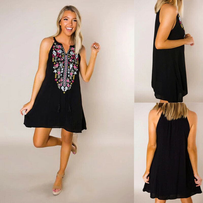 Womens Boho Floral Sleeveless Dress Bohemian Summer Holiday Party Beach Casual Short Mini Dress Sundress