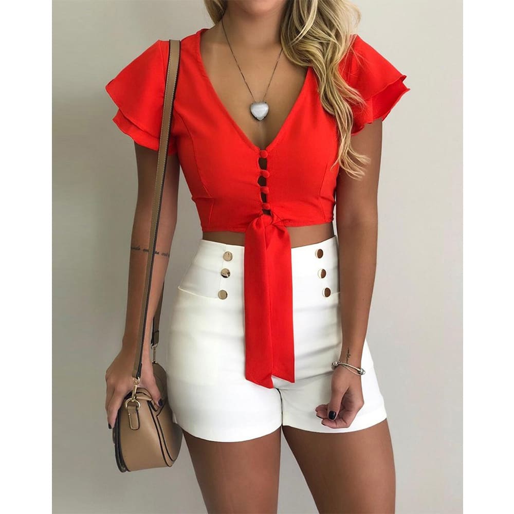 New Fashion Women Short Sleeve Summer Simple Front Tie Up Crop Top V-Neck Casual Sexy Loose Tops T-Shirt Outwear Streetwear