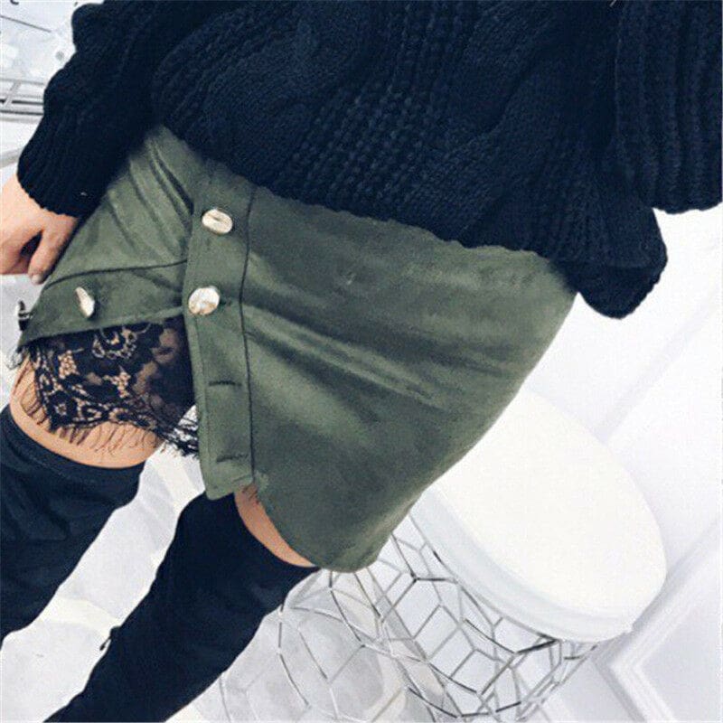 Women Ladies High Waist Pencil Skirts Button Lace Patchwork Sexy Bodycon Suede Leather Split Party Casual Mini Skirt