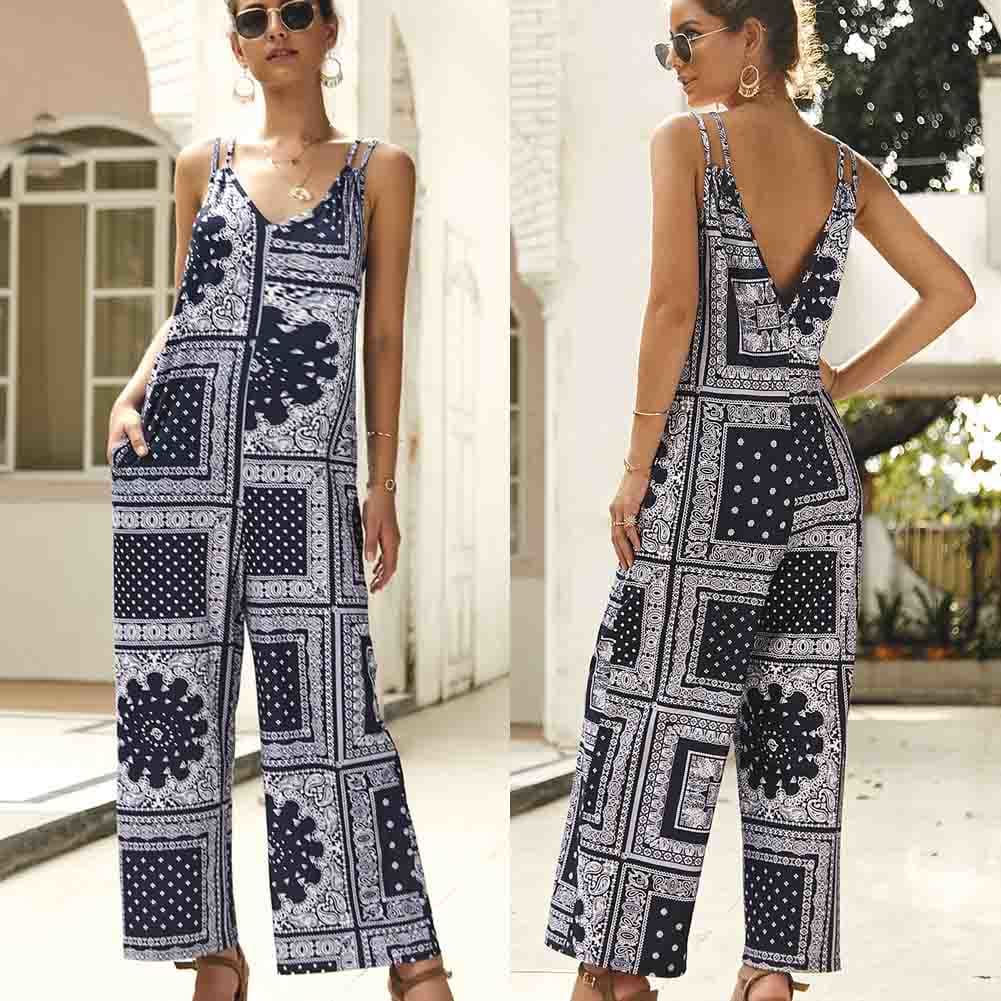 Fashion Women Jumpsuit V Neck Print Floral Pocket Ladies Summer Beach Wide Leg Holiday Romper Long Jumpsuit Trousers