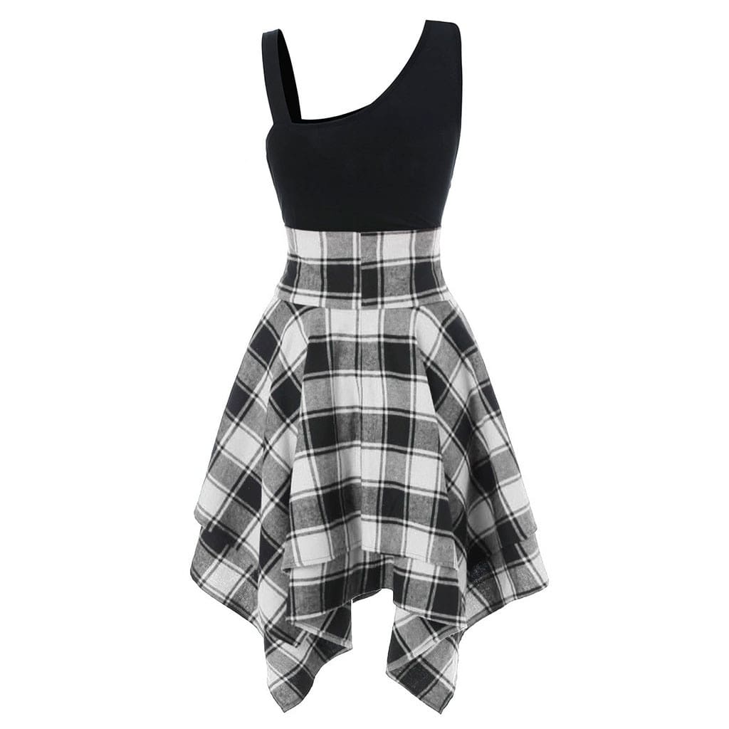 Women Sleeveless Cold Shoulder Cross Lace Up Plaid Asymmetrical Dress