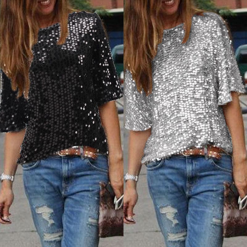 Women Sequins T-shirt New Summer Loose Top Short Sleeve Shirts Ladies Casual Tops T-Shirt Women Black Silver Costume