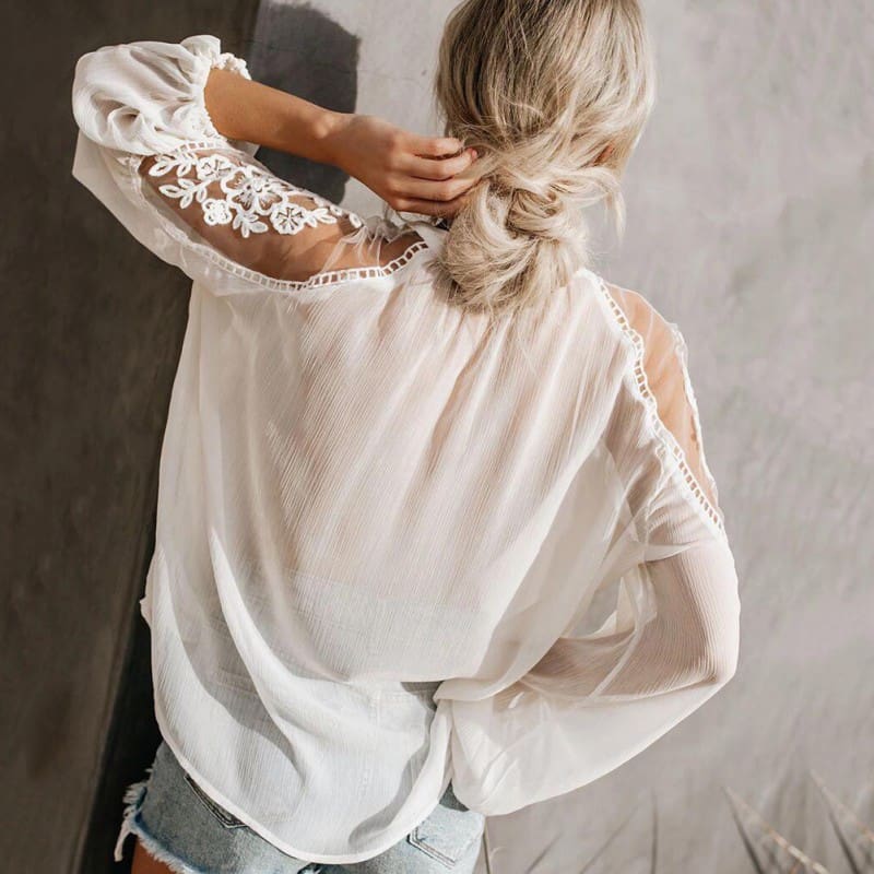 2019 Fashion Women Summer Lace Casual Tops Sexy Ladies Hollow Long Sleeve Blouse Shirt Costume Holiday Summer Clothes