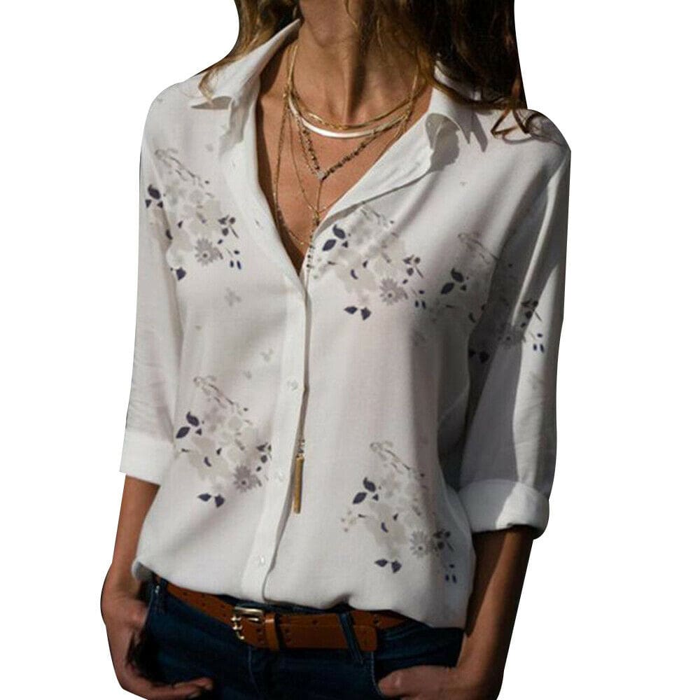 Plus Size Womens Summer Floral Long Sleeve Button V-Neck Shirts Ladies Casual Loose Office Work Blouse Tops