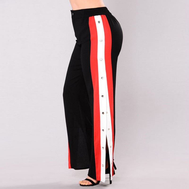 Fashion Womens Split Side Buttons Wide Leg Jogger Casual Long Pants Summer Loose Striped High Waist Trousers