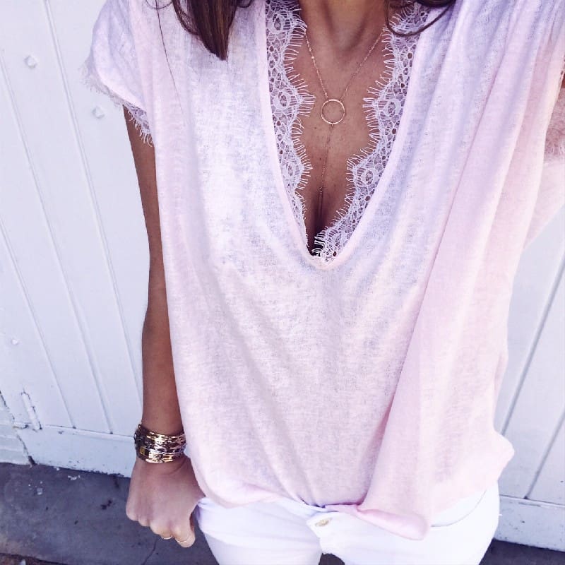 Women Lace Short Sleeve Blouse Shirt New Fashion Ladies Summer Loose Solid Casual Vest Tank Tops