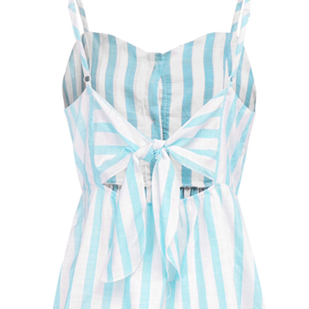 Women Strappy Off Shoulder Striped Bow Open Back Short Mini Dress