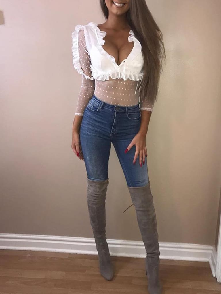 Women Ladies See Through Lace Mesh Sheer Long Sleeve V-Neck Crop Top Casual Summer Solid Shirt Blouse Tee