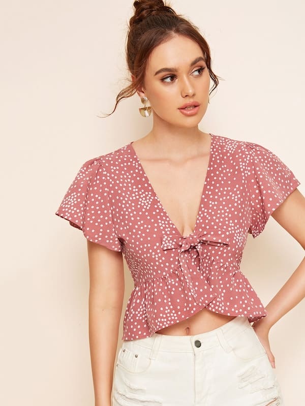 2019 Fashion Summer Women Ruffle Polka Dot Tops Ladies Casual Hem Tie Front Top Bow V Neck Blouse Tops Shirt