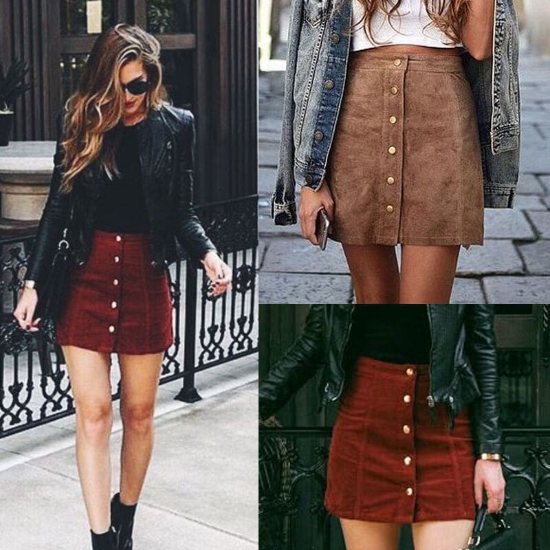 Hot Fashion Elegant Women Ladies Summer Skirts High Waist Single Breasted Button Solid Slim A-Line Suede Leather Mini Skirts