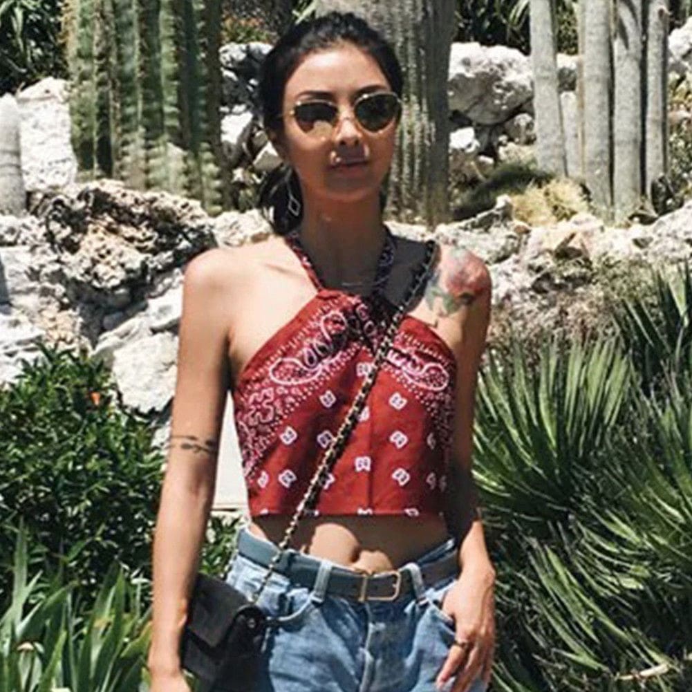 New Women Summer Boho Off Shoulder Halter Floral Crop Tank Top Vest Beach Blouse Crop Casual Backless Shirt