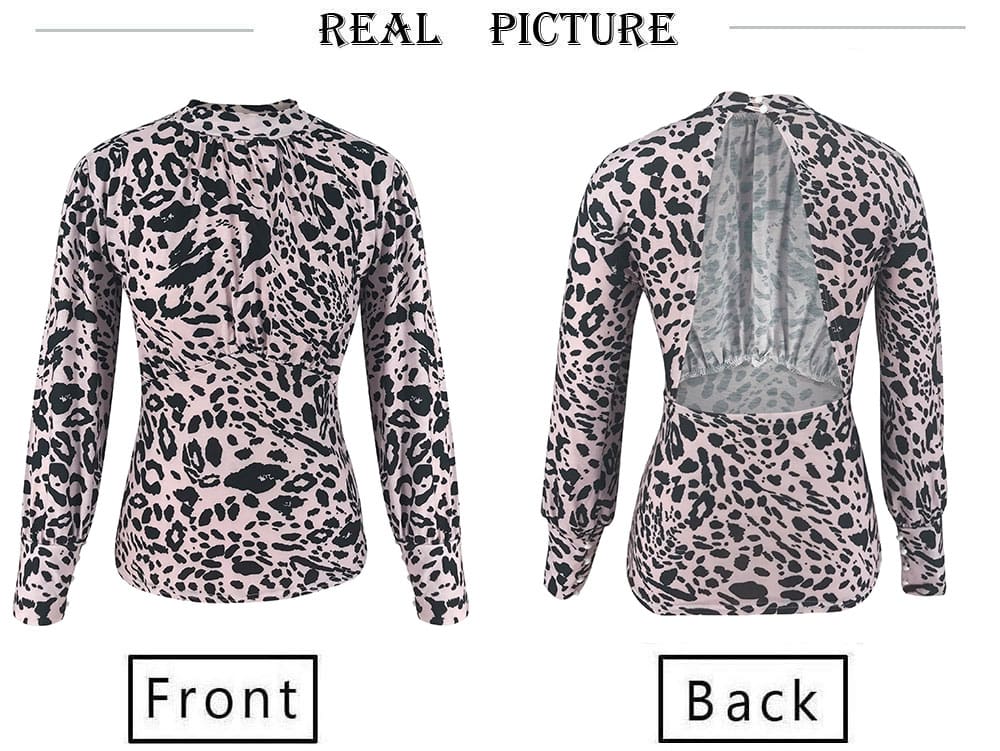 New Fashion Women T Shirt Leopard Print Long Sleeve Backless Sexy OL Ladies Casual Turtleneck Tops Shirt