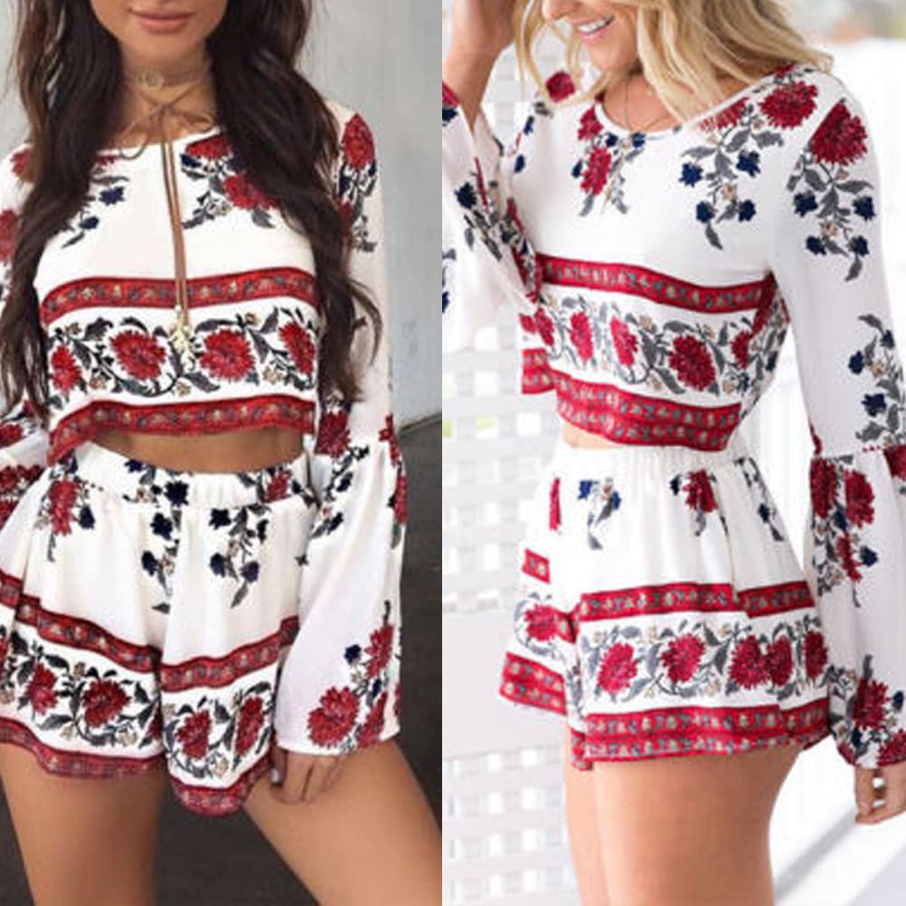 2PCS New Women Floral Bodycon Long Sleeve Crop Top + Shorts Set Summer Holiday Mini Playsuits Boho Floral Beachwear